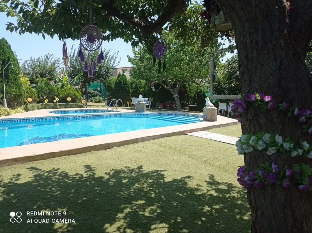 Rincón de la piscina de Villa Meli decorado con atrapasueños y flores moradas